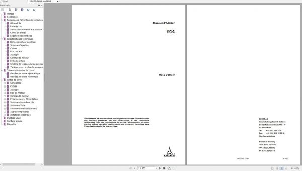 DEUTZ FAHR MOTEURS DIESEL FL914 Workshop Manual FR 1