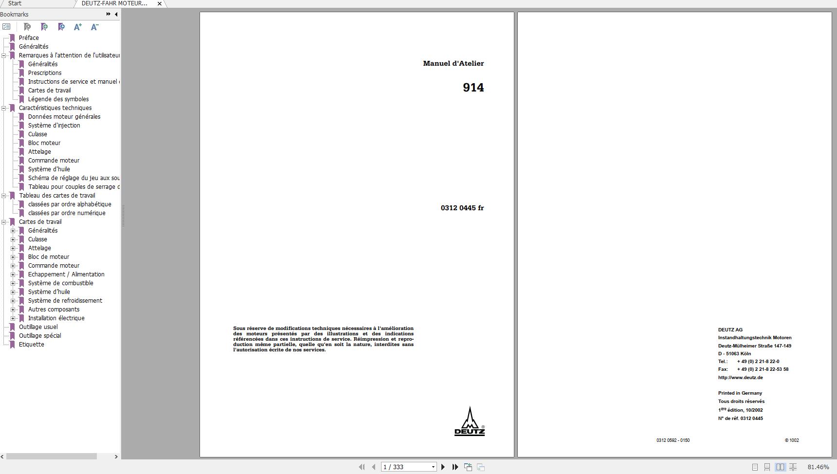 DEUTZ FAHR MOTEURS DIESEL FL914 Workshop Manual FR 1