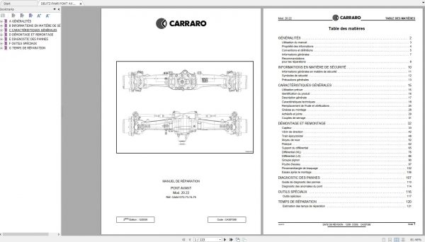 DEUTZ FAHR PONT AVANT AGROTRON 120 130 CARRARO 20.22 Workshop Manual FR 1
