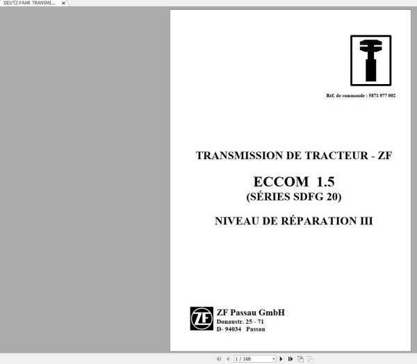 DEUTZ FAHR TRANSMISSION ZF ECCOM 1.5 SDFG 20 Workshop Manual FR 1