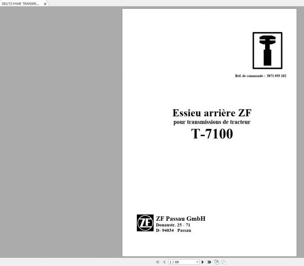 DEUTZ FAHR TRANSMISSION ZF T 7100 Workshop Manual FR 1