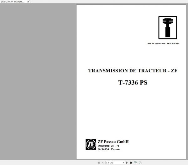 DEUTZ FAHR TRANSMISSION ZF T 7336 PS Workshop Manual FR 1