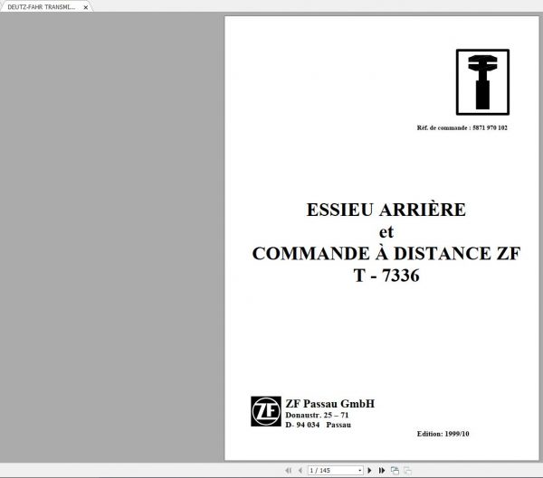 DEUTZ FAHR TRANSMISSION ZF T 7336 Workshop Manual FR 1 1