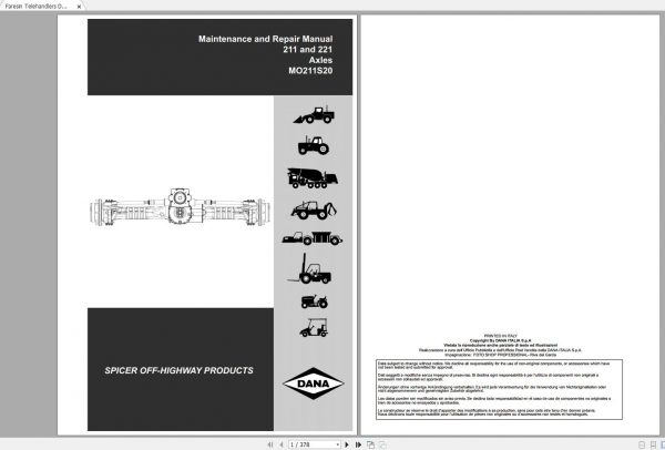 Faresin Telehandlers DANA 211 221 Axles MO211S20 Maintenance Repair Manual 1