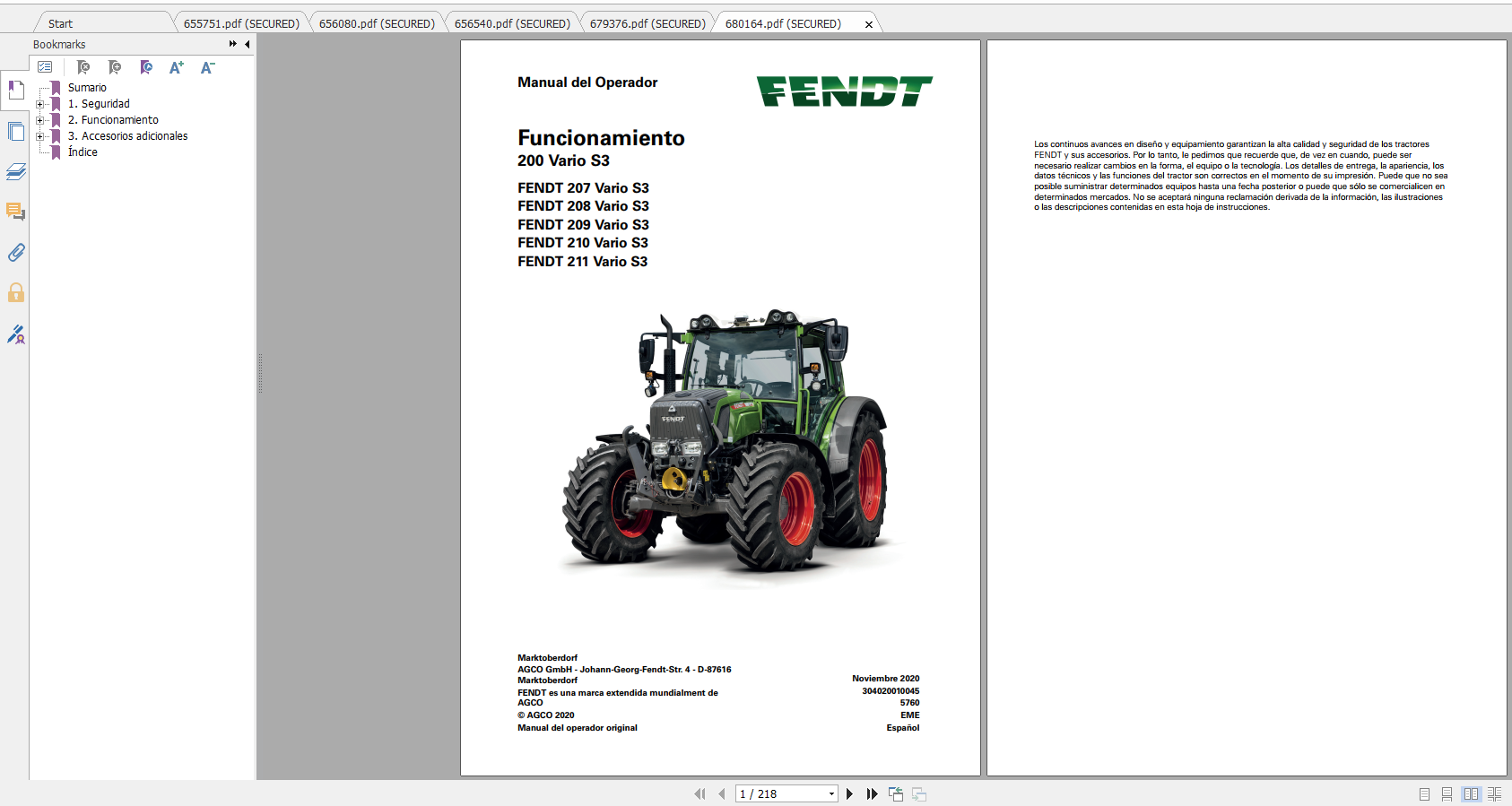Fendt Tractor 200 Vario S3 VIN 300 304 Diagram Operator Workshop Manual ES 5