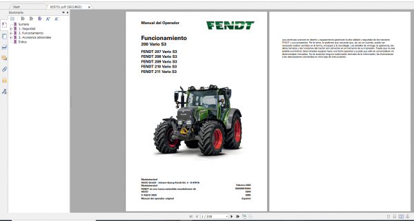Fendt Tractor 200 Vario S3 VIN 300 304 Diagram Operator Workshop Manual ES 9