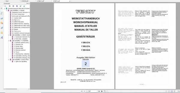 Fendt Tractor 300 Gt VIN 148 149 345 395 Diagram Operation Manual Workshop Manual ES 1 1