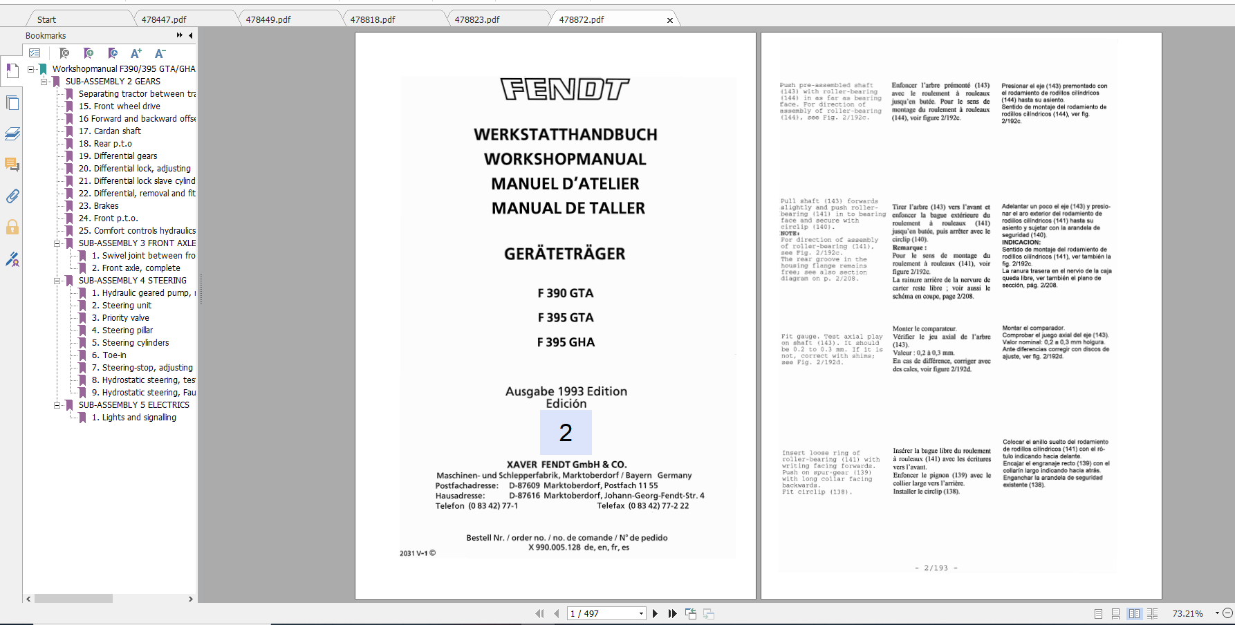 Fendt Tractor 300 Gt VIN 148 149 345 395 Operation Workshop Manual FR 1