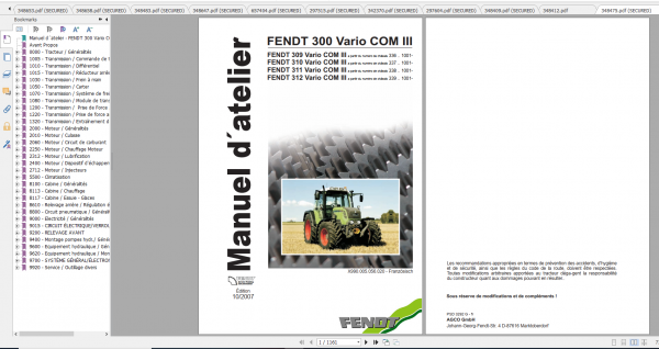 Fendt Tractor 300 Vario VIN 336 339 Diagram Operation Workshop Manual FR 3