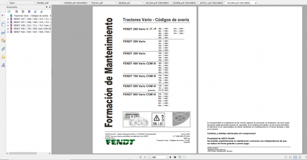 Fendt Tractor 400 Vario Com3 VIN 400 404 Diagram Operation Manual Workshop Manual ES 4