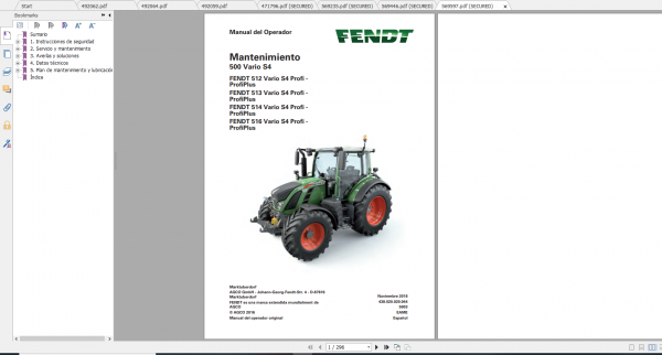 Fendt Tractor 500 Vario S4 VIN 435 438 Diagram Operation Manual Workshop Manual ES 11