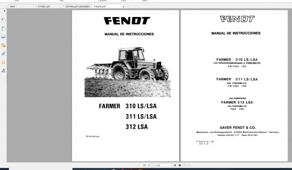 Fendt Tractor Farmer 300 Ls Lsa VIN 158 199 Operation Manual Workshop Manual ES 3