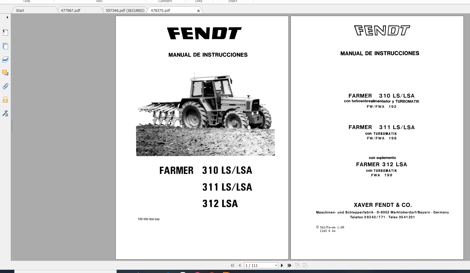 Fendt Tractor Farmer 300 Ls Lsa VIN 158 199 Operation Manual Workshop Manual ES 3