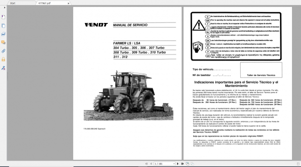 Fendt Tractor Farmer 300 Ls Lsa VIN 158 199 Operation Manual Workshop Manual ES 5