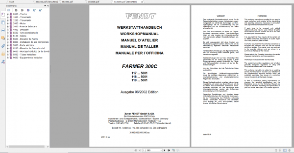 Fendt Tractor Farmer 300C VIN 117 119 Operation Manual Workshop Manual ES 1