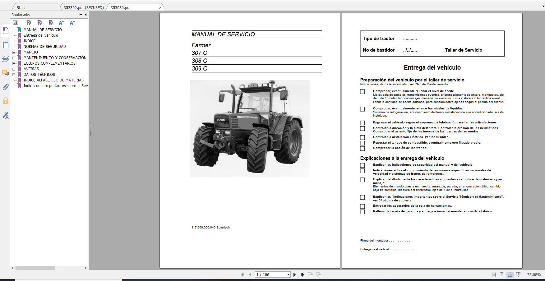 Fendt Tractor Farmer 300C VIN 117 119 Operation Manual Workshop Manual ES 3