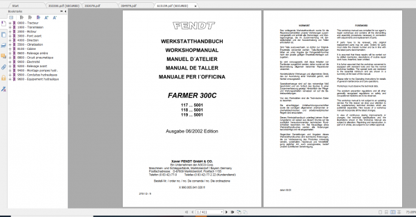 Fendt Tractor Farmer 300C VIN 117 119 Operation Workshop Manual FR 1