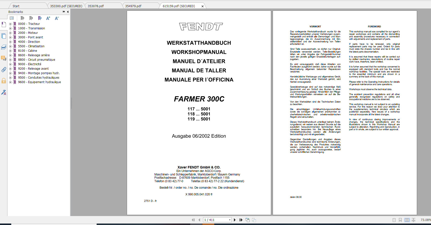 Fendt Tractor Farmer 300C VIN 117 119 Operation Workshop Manual FR 1