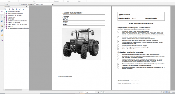 Fendt Tractor Farmer 300C VIN 117 119 Operation Workshop Manual FR 3