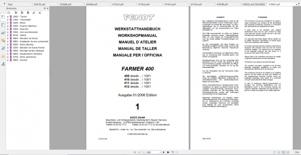 Fendt Tractor Farmer 400 Com12 VIN 409 412 Diagram Operation Manual Workshop Manual ES 2