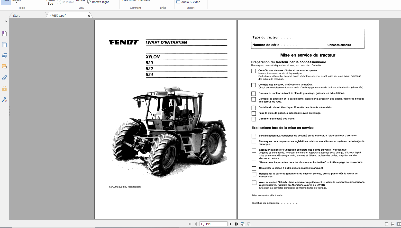 Fendt Tractor Xylon VIN 520 524 Operation Workshop Manual FR 5