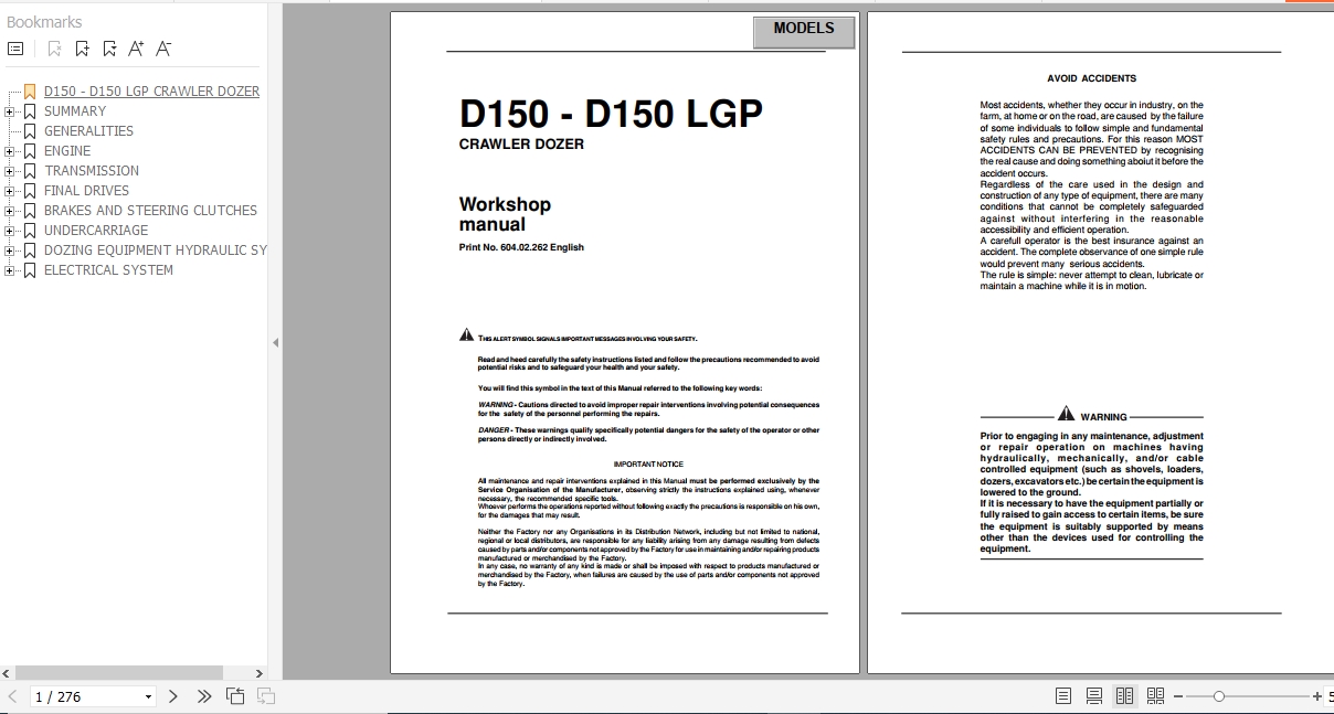 Fiat Hitachi Crawler Dozer D150 D150 LGP EN FR IT ES DE Workshop Manual PDF 1