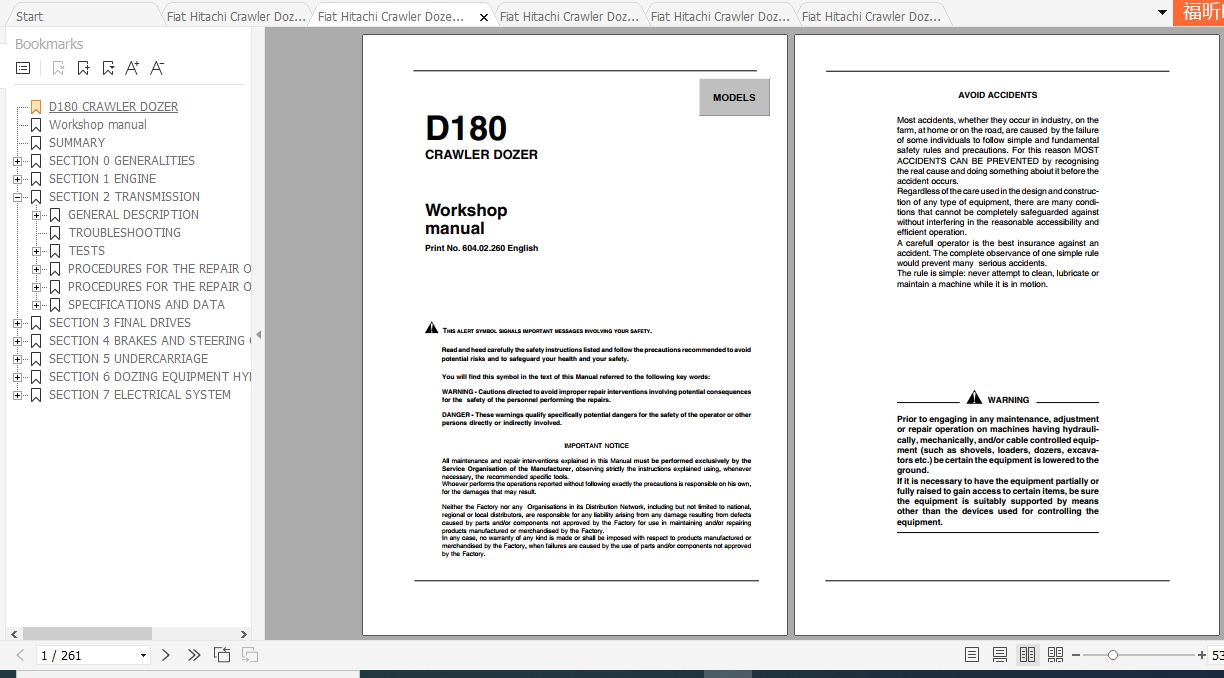 Fiat Hitachi Crawler Dozer D180 Workshop Manual EN FR IT ES DE PDF 2