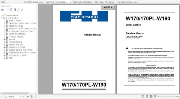 Fiat Hitachi Wheel Loader W170 170PL W190 EN FR IT ES DE Service Manual PDF 2