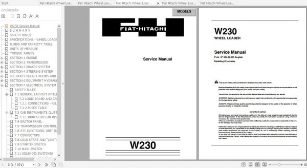 Fiat Hitachi Wheel Loader W230 EN FR IT ES DE Service Manual PDF 2