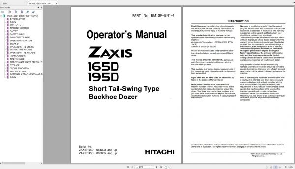 Hitachi Hydraulic Excavator ZX165D ZX195D Operators Manual EM1SP EN1 1 1