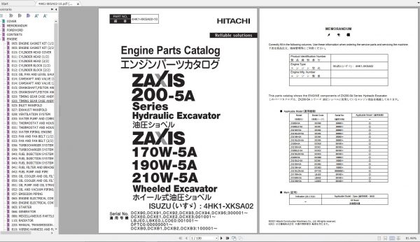 Hitachi Hydraulic Excavator ZX170W 5A to ZX210LC 5A ISUZU4HK1 XKSA02 Engine Parts Catalog ENJP 1