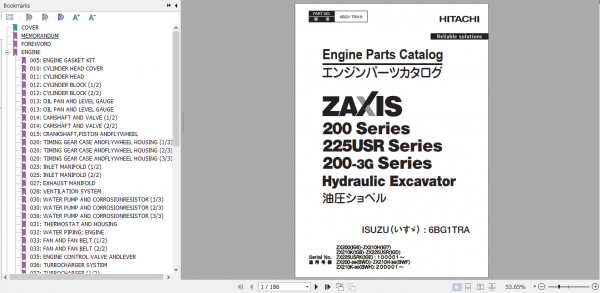 Hitachi Hydraulic Excavator ZX225USR 3 Series ISUZU 6BG1 TRA 6 Engine Parts Catalog 1