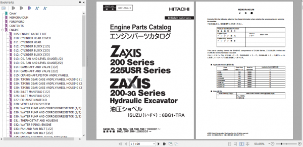 Hitachi Hydraulic Excavator ZX225USR 3 ZX225USRK 3 Series ISUZU 6BG1 TRA 10 Engine Parts Catalog 1