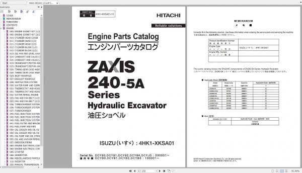 Hitachi Hydraulic Excavator ZX250H 5A ZX250K 5A ZX250LC 5A ZX250H 5A ISUZU4HK1 XKSA01 Engine Parts Catalog 1
