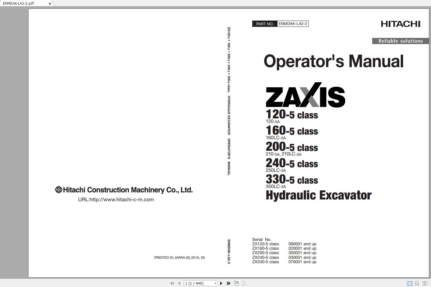 Hitachi Zaxis 200 5 Class ZX210 5A ZX210LC 5A Operators Manual 1