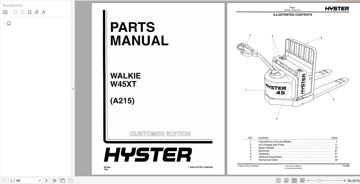 Hyster Electric Motor Hand Trucks A215 W45XT Parts Manual 897464