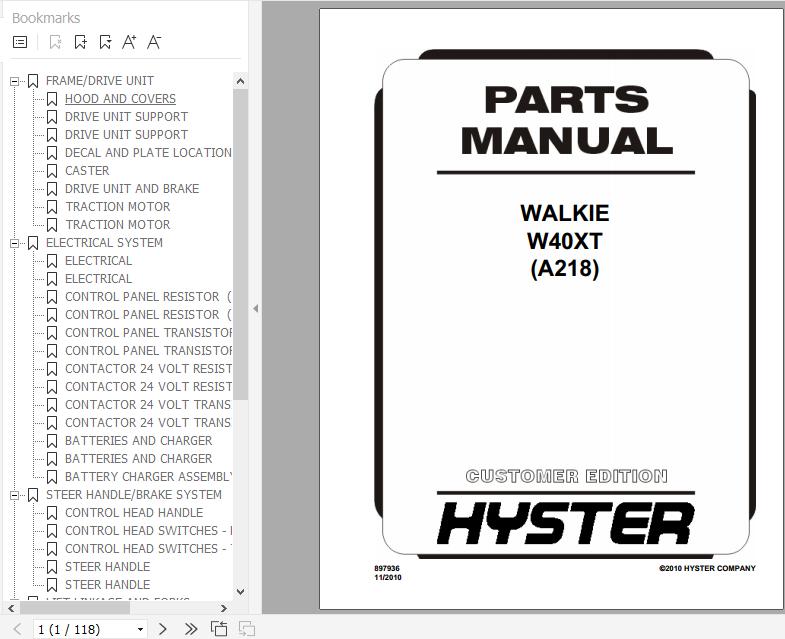 Hyster Electric Motor Hand Trucks A218 W40XT Parts Manual 897936 1