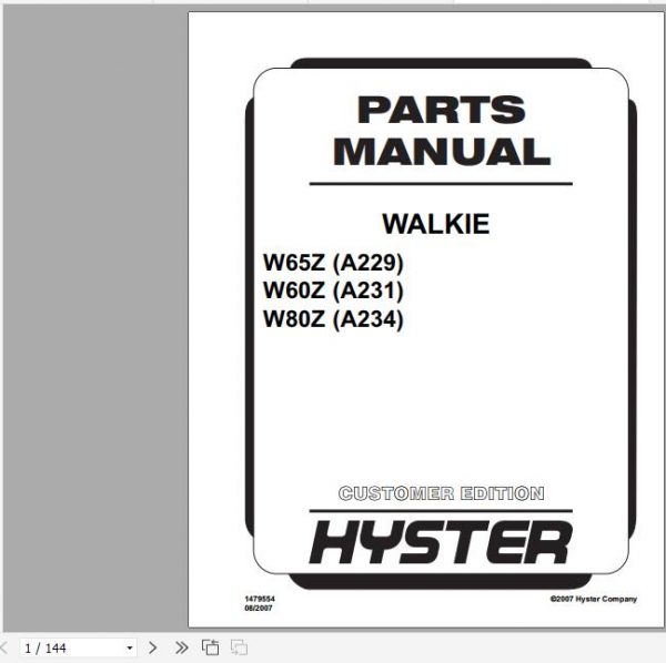 Hyster Electric Motor Hand Trucks A229 W65Z Parts Manual 1479554 1