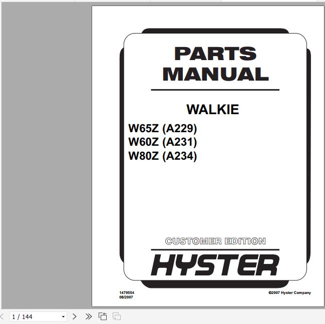 Hyster Electric Motor Hand Trucks A229 (W65Z) A231 (W60Z) A234 (W80Z