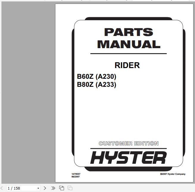 Hyster Electric Motor Hand Trucks A230 B60Z A233 B80Z Parts Manual 1479557 2