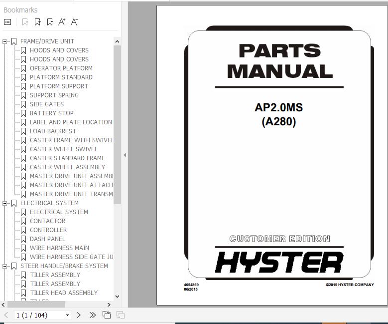 Hyster Electric Motor Hand Trucks A280 AP2.0MS Parts Manual 4054869 1