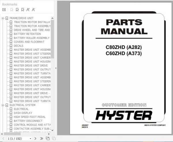 Hyster Electric Motor Hand Trucks A282 C80ZHD A373 C60ZHD Parts Manual 4092807 1