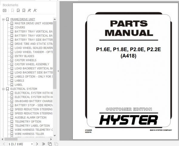 Hyster Electric Motor Hand Trucks A418 P1.6E P1.8E P2.0E P2.2E Parts Manual 4124209 1