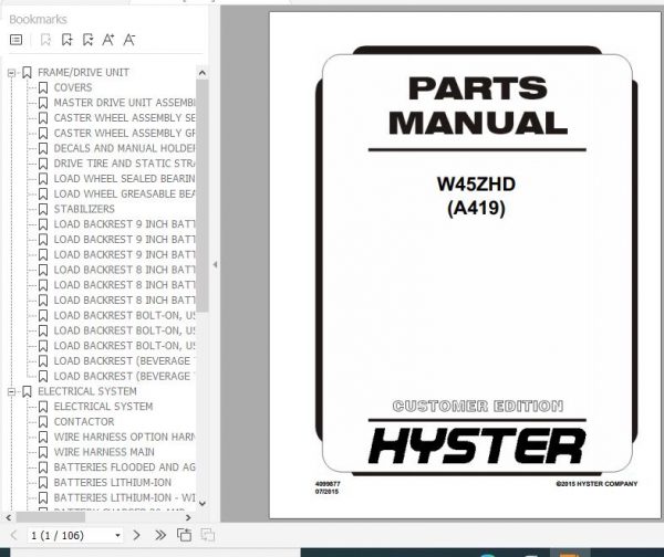 Hyster Electric Motor Hand Trucks A419 W45ZHD Parts Manual 4099877 1