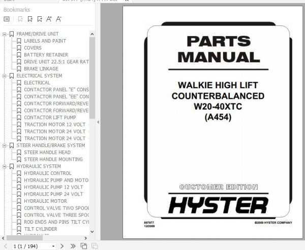 Hyster Electric Motor Hand Trucks A454 W20 40XTC Parts Manual 897977 1