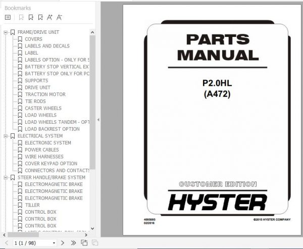 Hyster Electric Motor Hand Trucks A472 P2.0HL Parts Manual 4005085 1