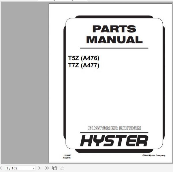 Hyster Electric Motor Hand Trucks A476 T5Z A477 T7Z Parts Manual 1524193 1