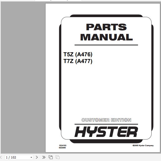 Hyster Electric Motor Hand Trucks A476 T5Z A477 T7Z Parts Manual 1524193 1
