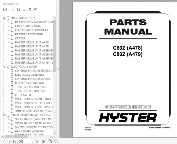 Hyster Electric Motor Hand Trucks A478 C60Z A479 C80Z Parts Manual 1524192 1