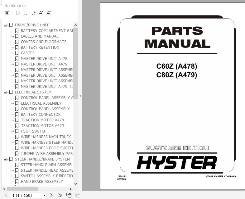 Hyster Electric Motor Hand Trucks A478 C60Z A479 C80Z Parts Manual 1524192 1